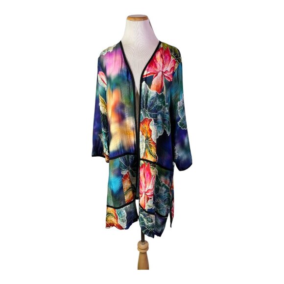 Ali Miles Size L Open-Front Kimono Jacket Water Lillies Print Colorful - Picture 1 of 8